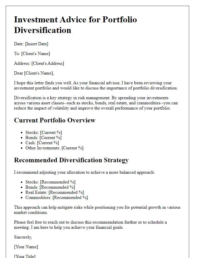 Letter template of investment advice for portfolio diversification