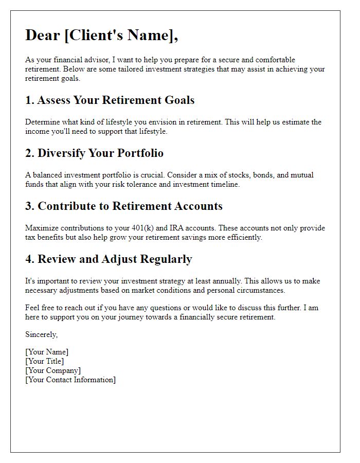 Letter template of investment advice for retirement planning