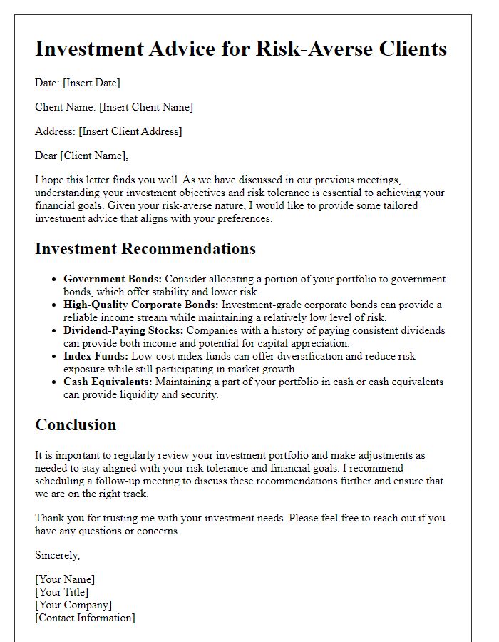 Letter template of investment advice for risk-averse clients