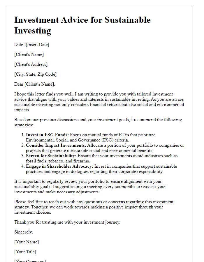 Letter template of investment advice for sustainable investing