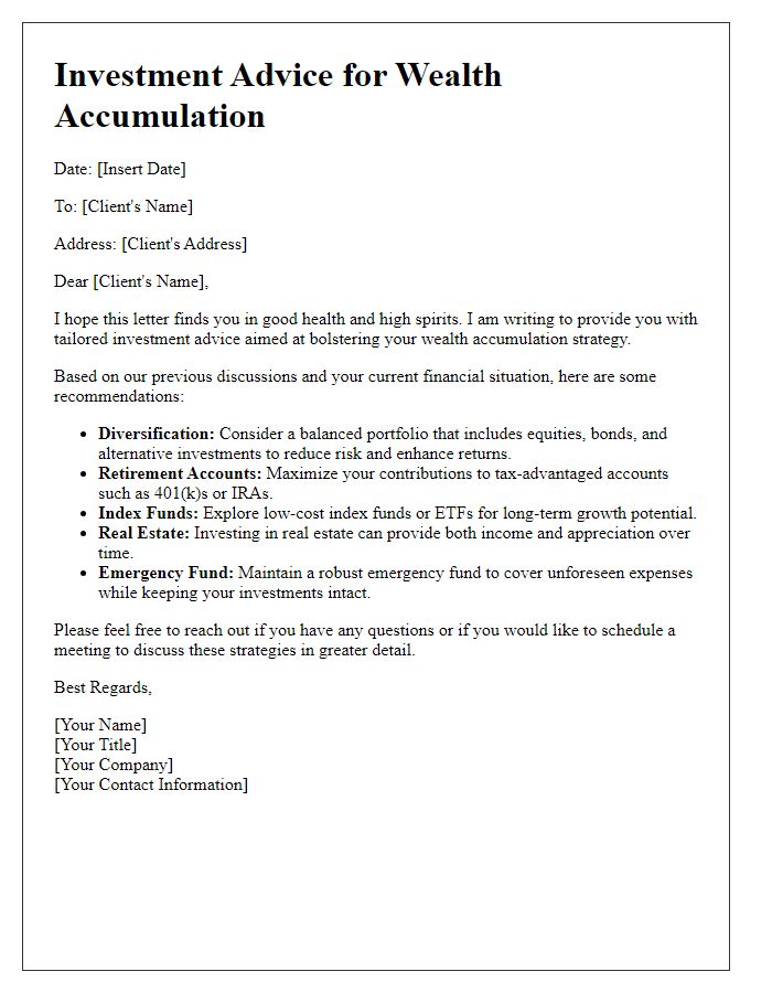 Letter template of investment advice for wealth accumulation