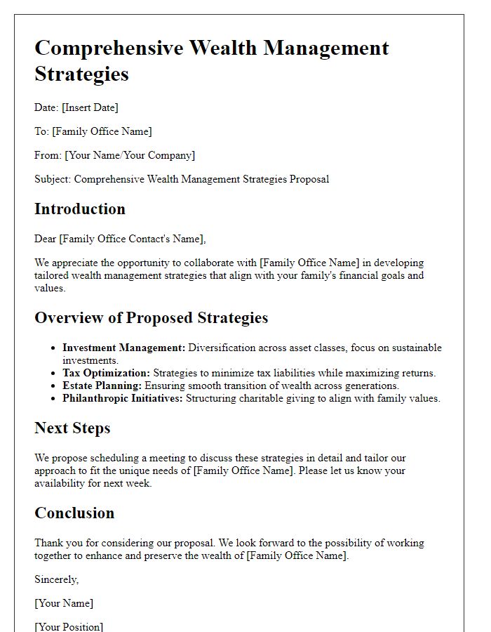 Letter template of comprehensive wealth management strategies for family offices.