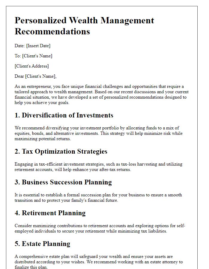 Letter template of tailored wealth management recommendations for entrepreneurs.