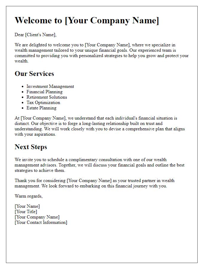 Letter template of wealth management introductory brochure for new clients.