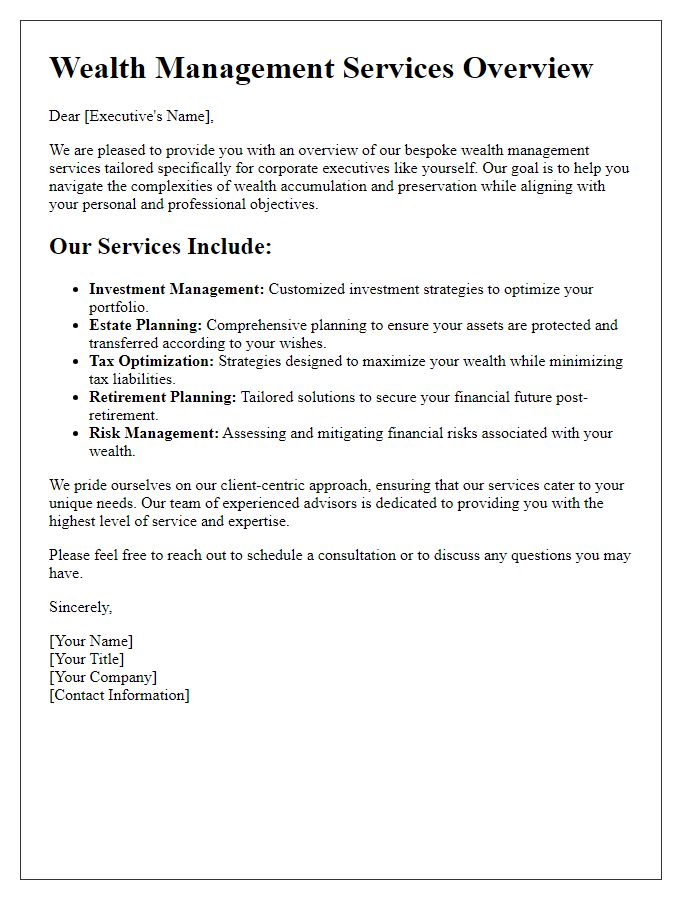 Letter template of wealth management services overview for corporate executives.