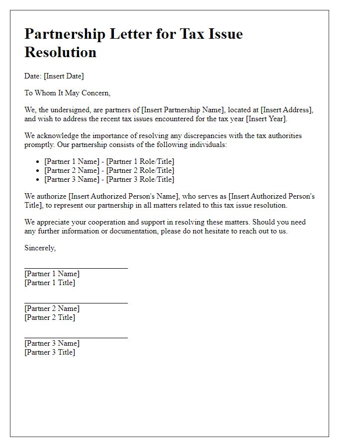 Letter template of partnership for tax issue resolution