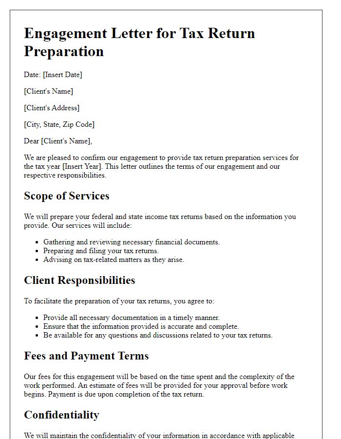 Letter template of professional engagement for tax return preparation