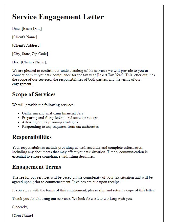 Letter template of service engagement for tax compliance