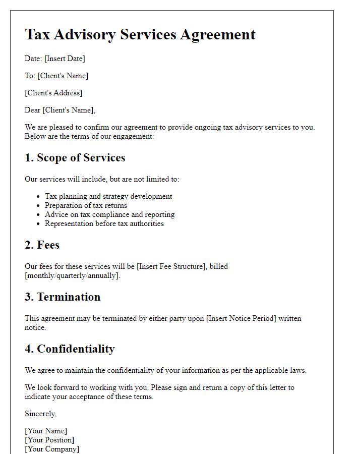 Letter template of terms for ongoing tax advisory services