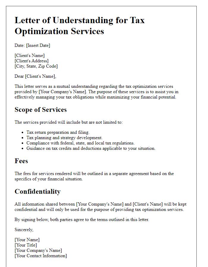 Letter template of understanding for tax optimization services