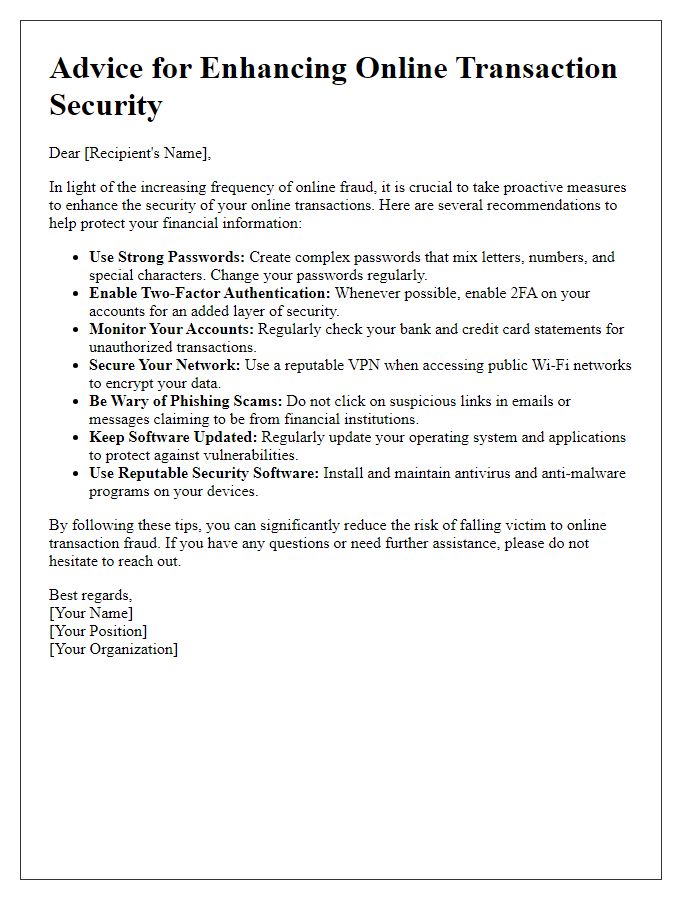 Letter template of advice for enhancing online transaction security.