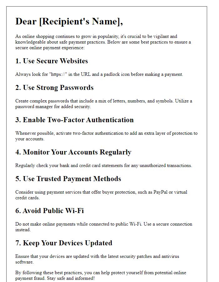 Letter template of best practices for safe online payments.