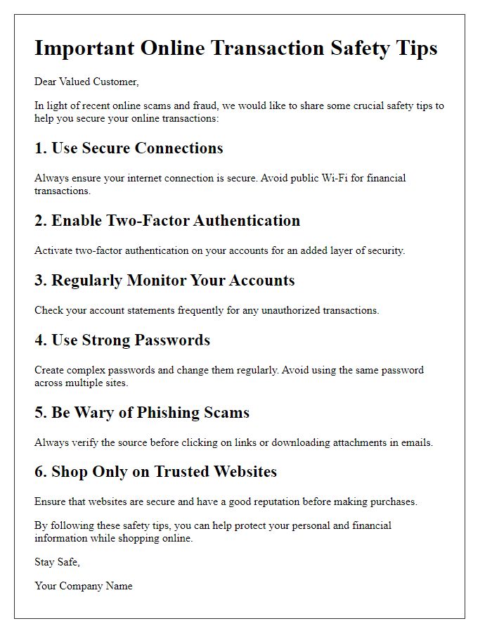 Letter template of crucial online transaction safety tips.