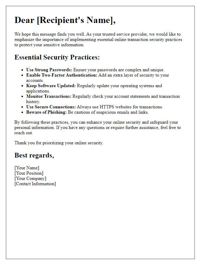 Letter template of essential online transaction security practices.