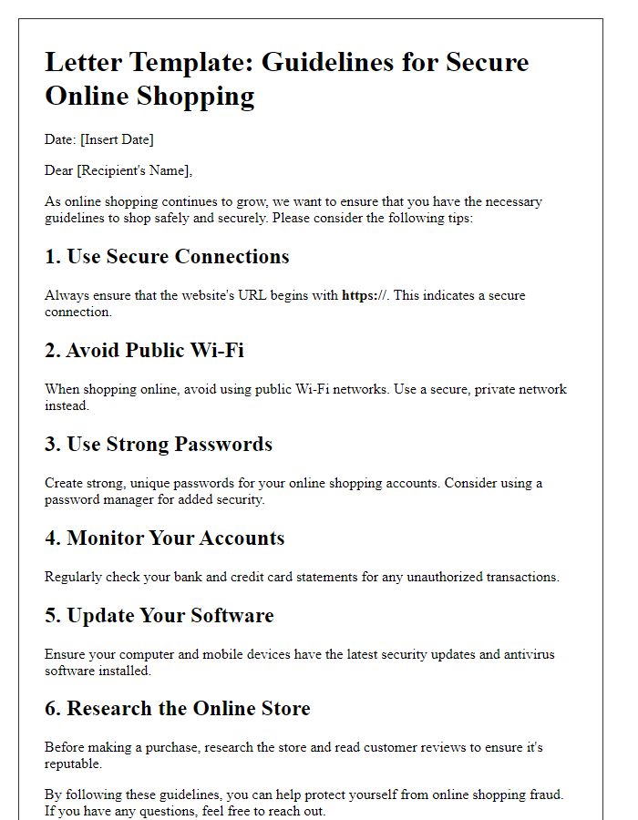 Letter template of guidelines for secure online shopping.