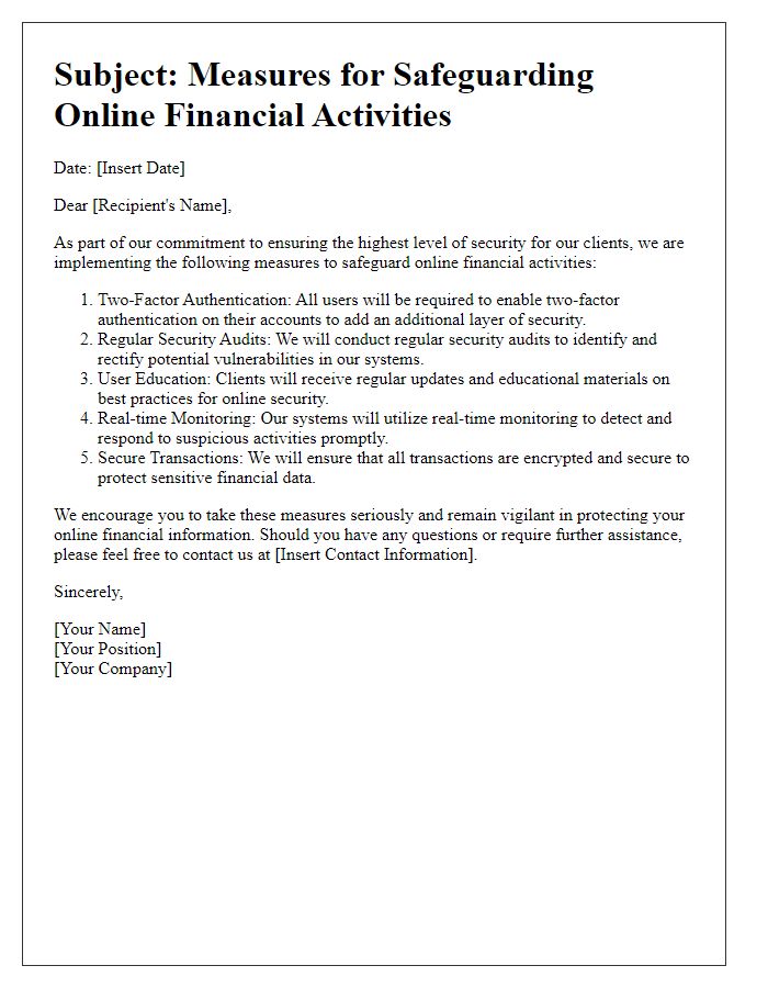 Letter template of measures for safeguarding online financial activities.