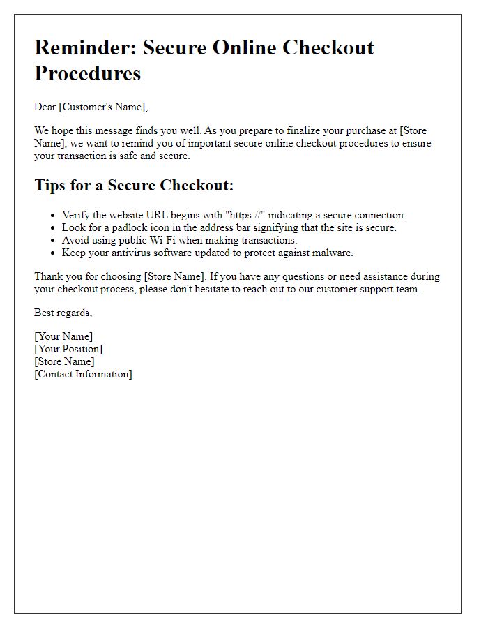 Letter template of reminders for secure online checkout procedures.