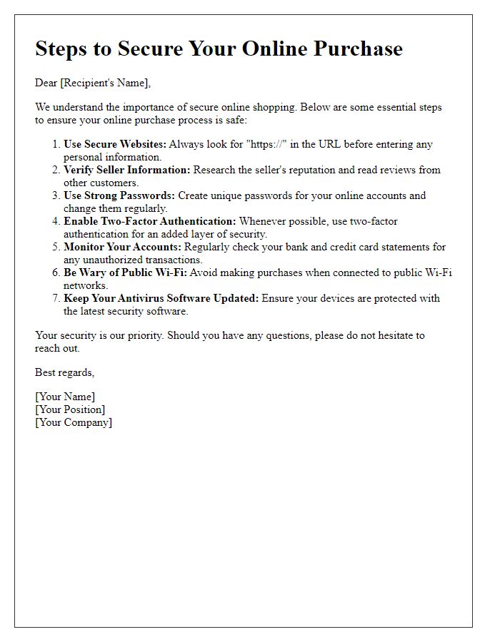 Letter template of steps to secure your online purchase process.