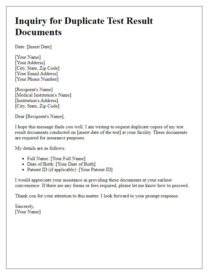 Letter template of inquiry for duplicate test result documents for insurance purposes.