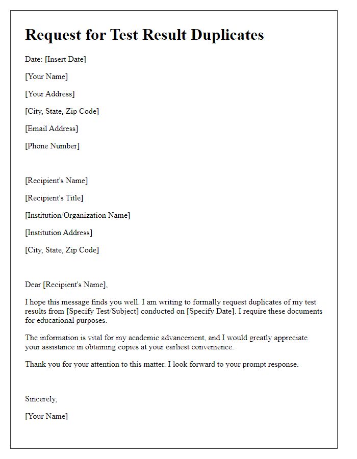 Letter template of request for further test result duplicates for educational use.