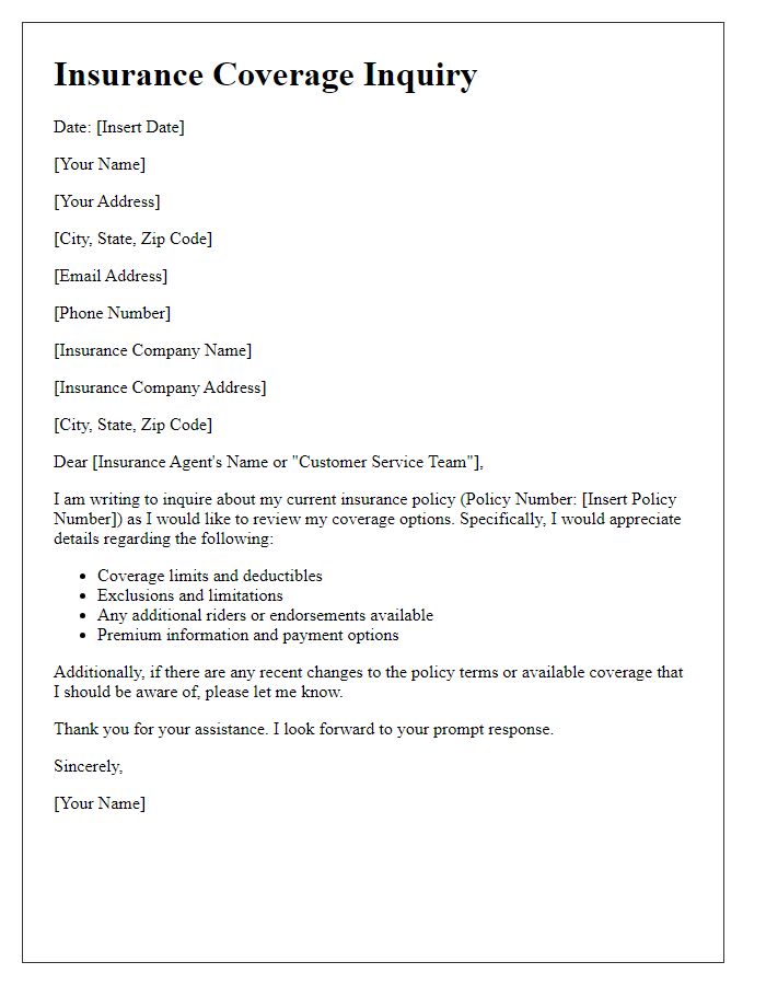 Letter template of insurance coverage inquiry for policy review