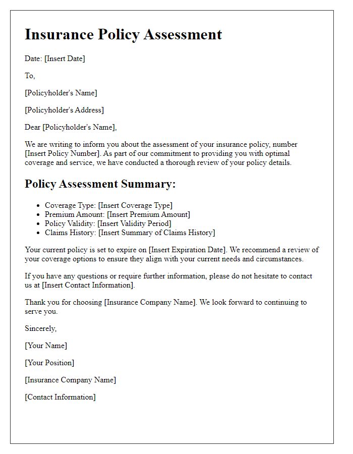 Letter template of insurance policy assessment