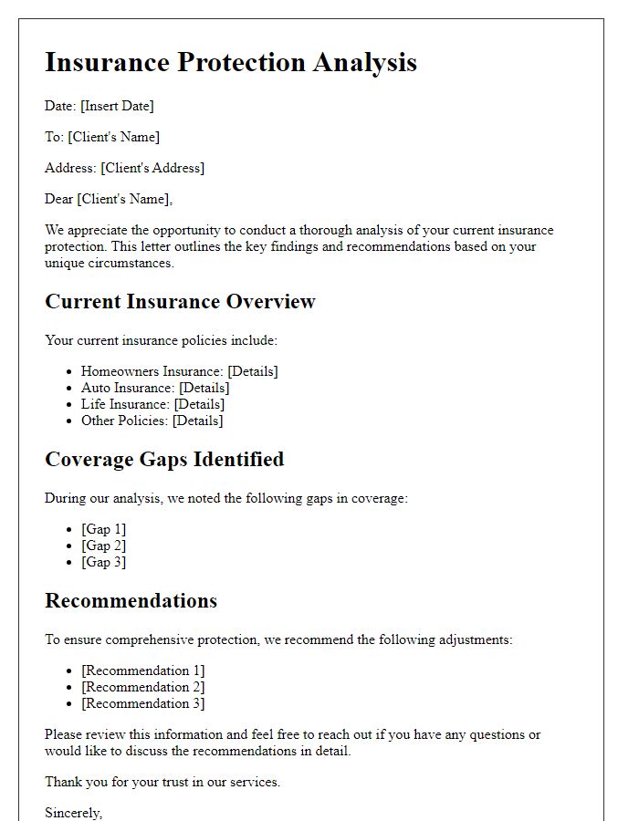 Letter template of insurance protection analysis