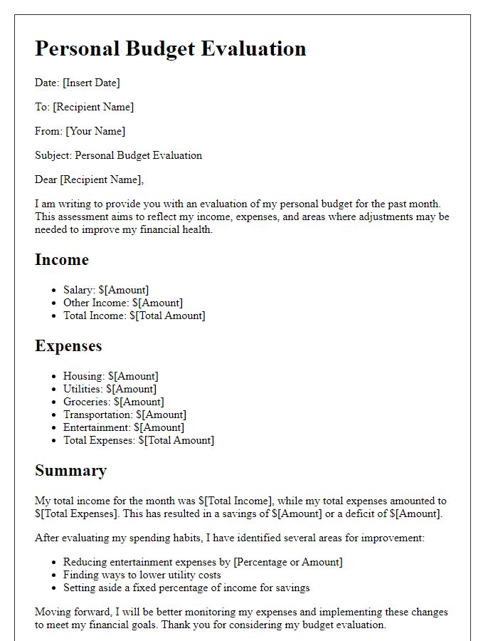 Letter template of personal budget evaluation