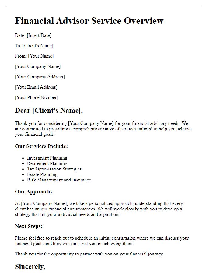 Letter template of financial advisor service overview.