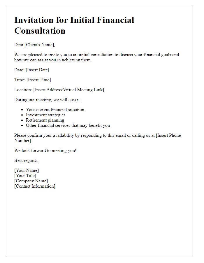 Letter template of initial consultation invitation for financial advice.