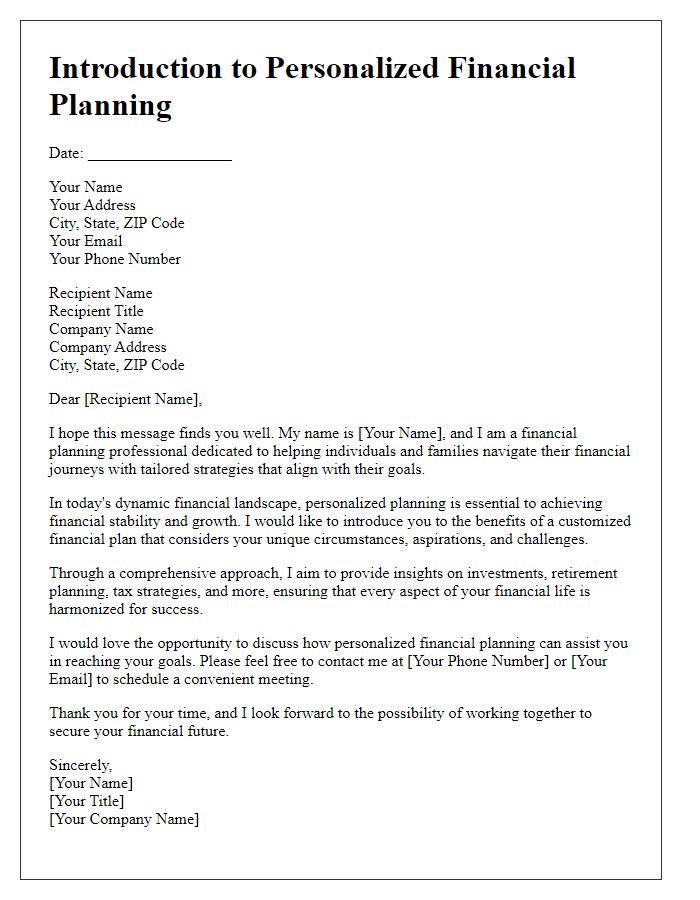 Letter template of introduction to personalized financial planning.