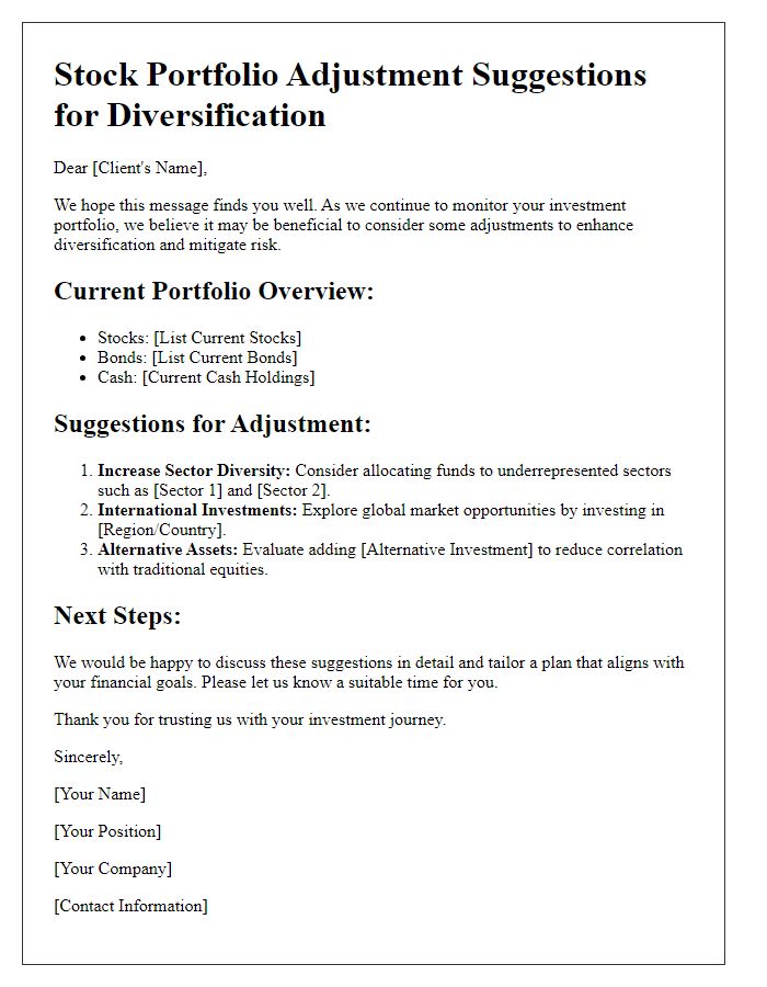 Letter template of stock portfolio adjustment suggestions for diversification