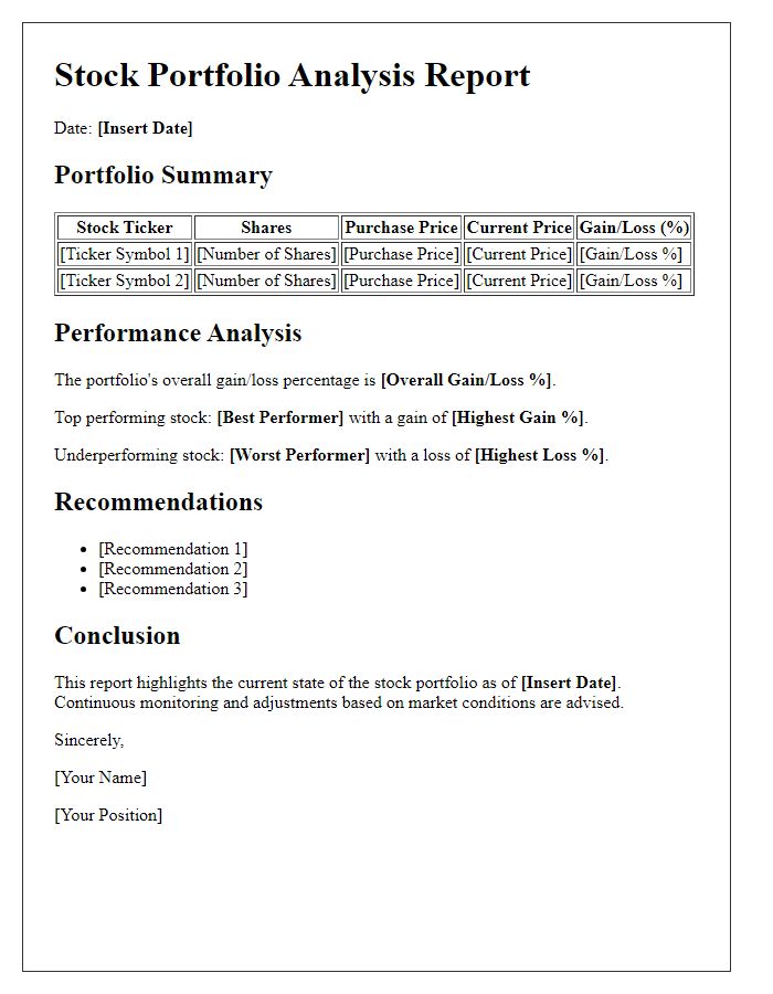 Letter template of stock portfolio analysis for performance tracking