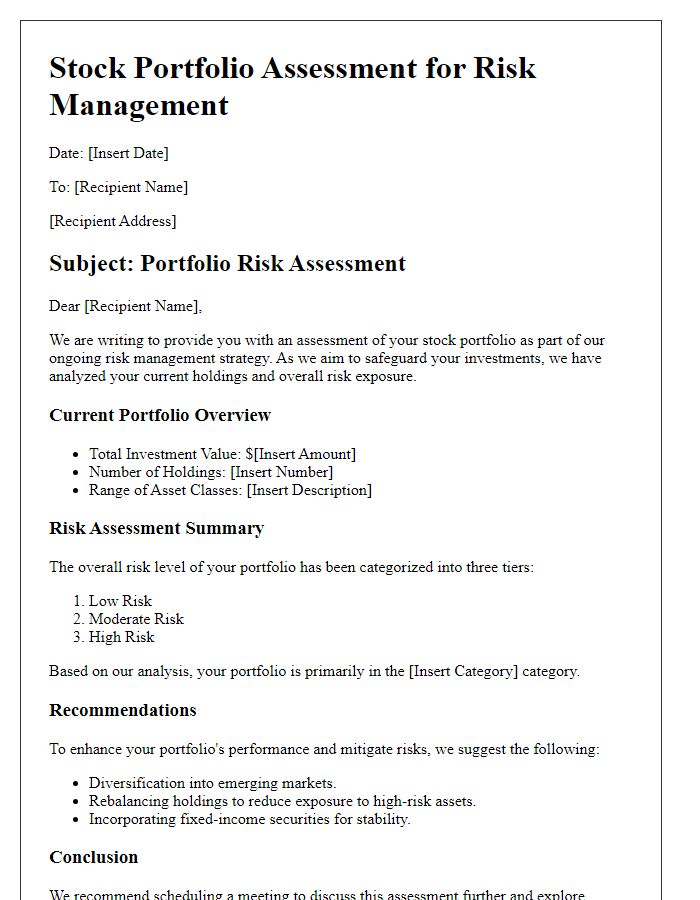 Letter template of stock portfolio assessment for risk management