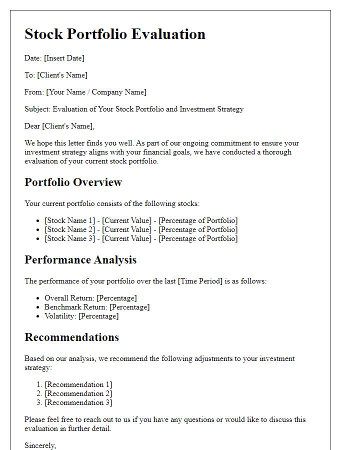 Letter template of stock portfolio evaluation for investment strategy