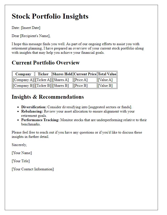 Letter template of stock portfolio insights for retirement planning