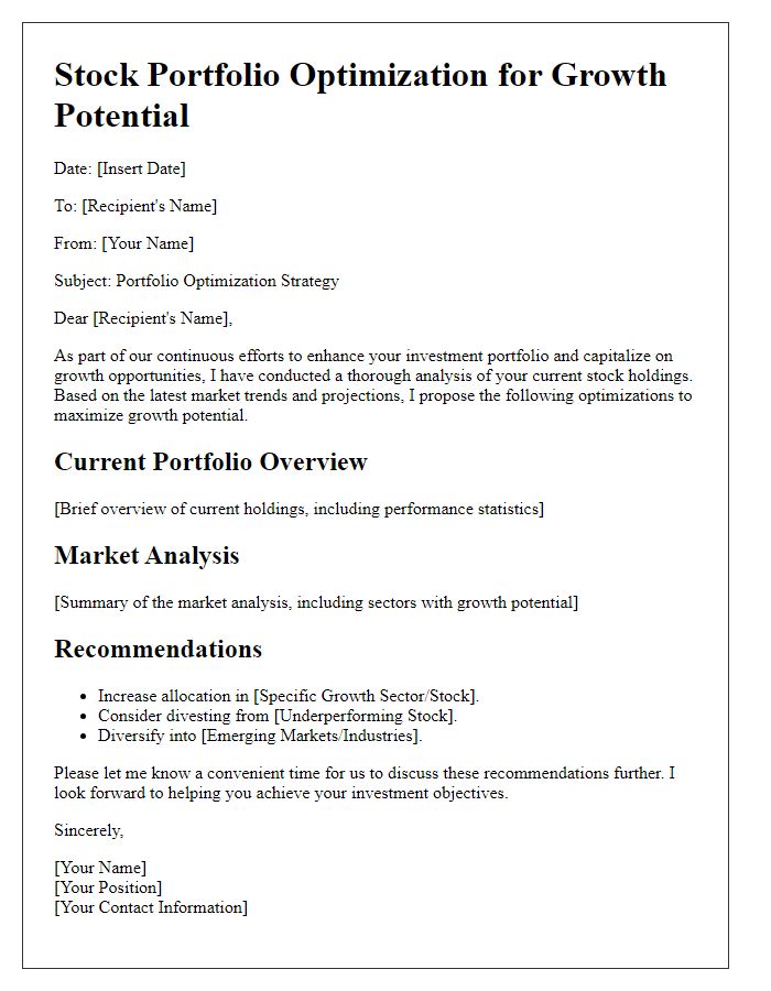 Letter template of stock portfolio optimization for growth potential