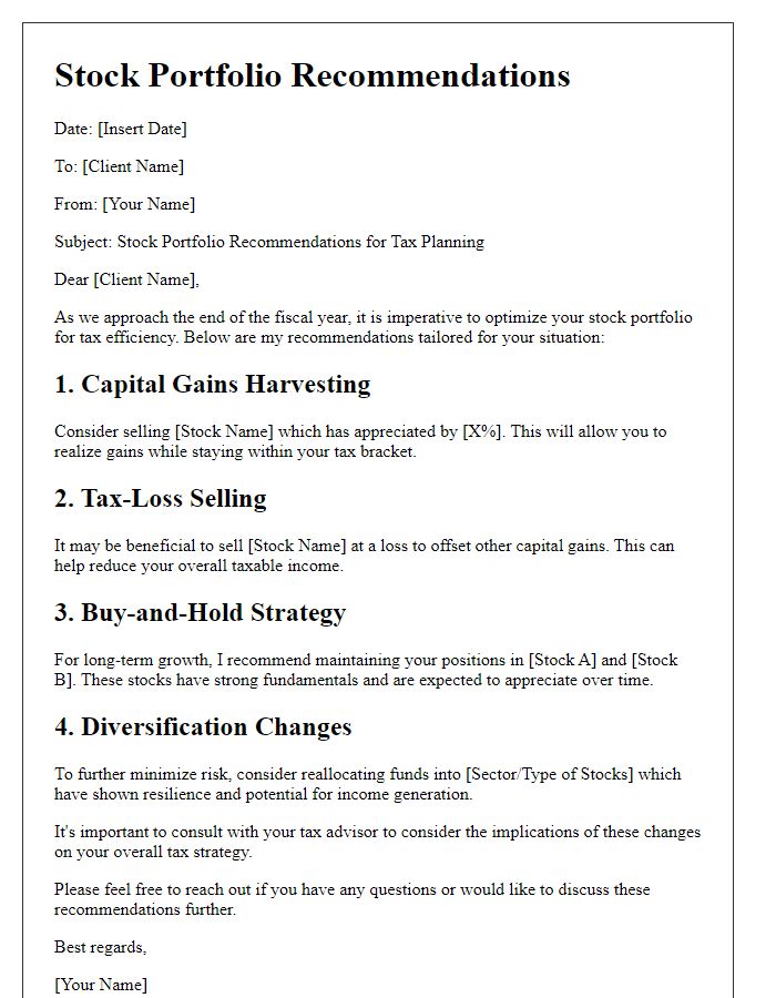 Letter template of stock portfolio recommendations for tax planning