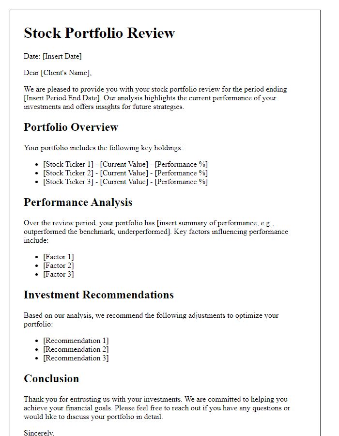 Letter template of stock portfolio review for financial analysis