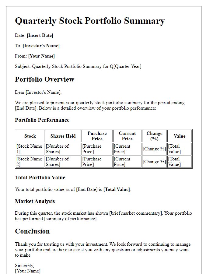 Letter template of stock portfolio summary for quarterly reporting