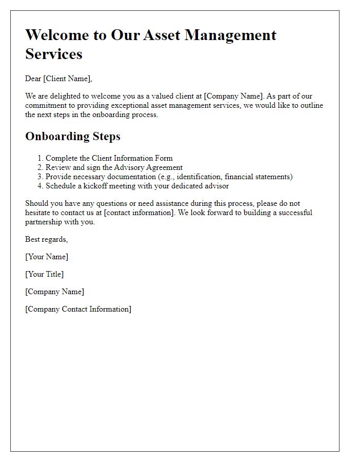 Letter template of asset management services client onboarding