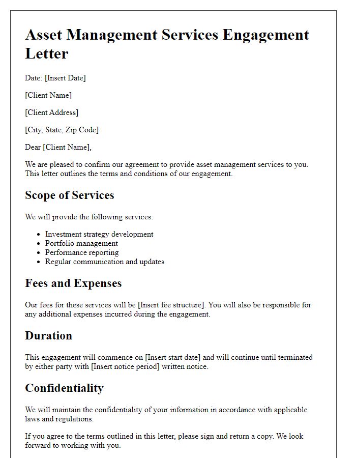 Letter template of asset management services engagement