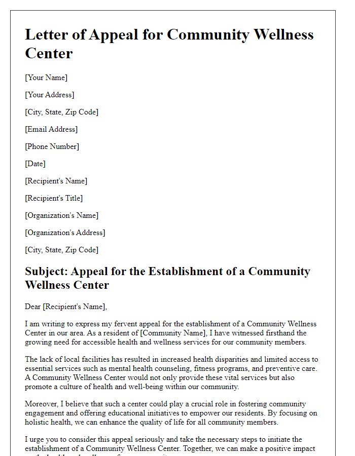 Letter template of appeal for community wellness center specifics