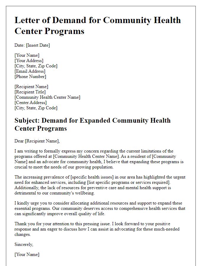 Letter template of demand for community health center programs