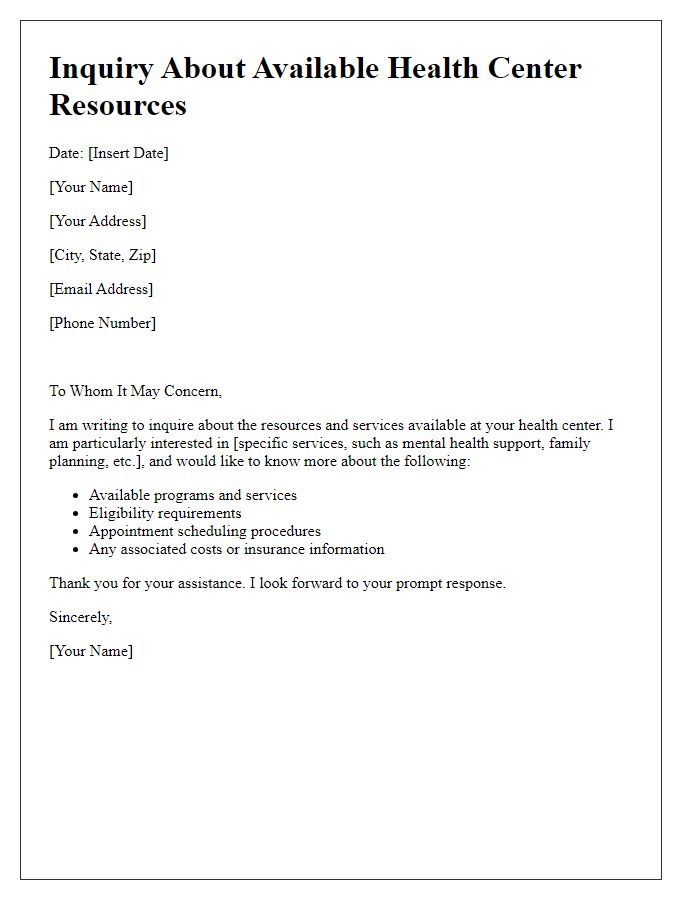 Letter template of inquiry about available health center resources