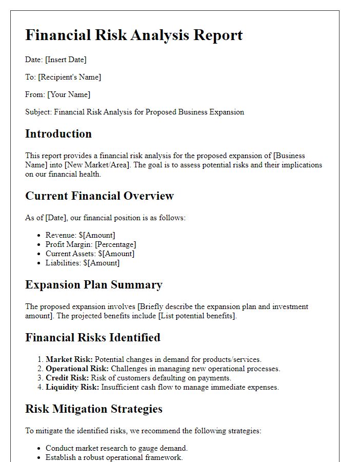 Letter template of financial risk analysis for business expansion