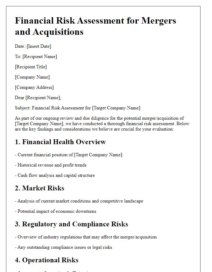 Letter template of financial risk assessment for mergers and acquisitions