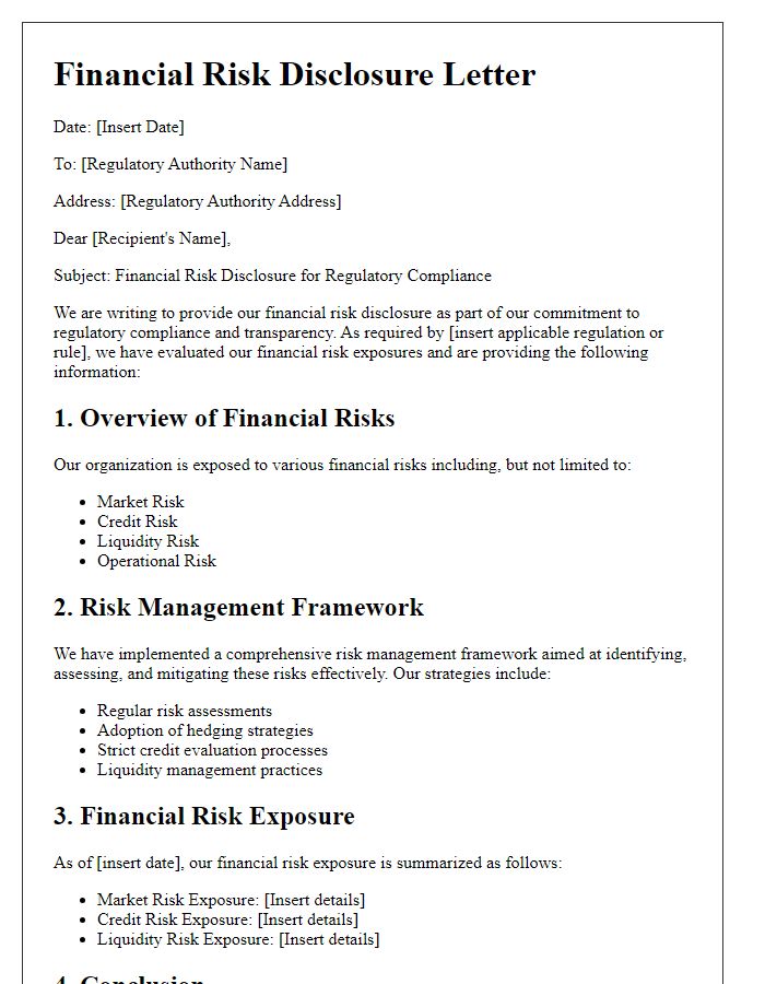 Letter template of financial risk disclosure for regulatory compliance