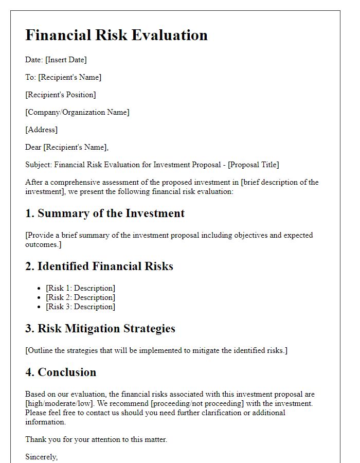 Letter template of financial risk evaluation for investment proposals