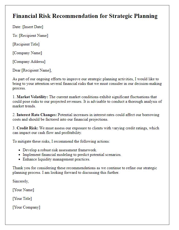 Letter template of financial risk recommendation for strategic planning